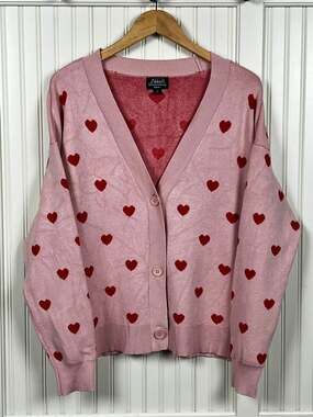 Pink Heart Cardigan Sweater L Coquette Romantic Soft Girl Button Front Knit